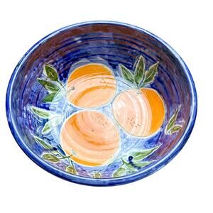 Handmade Fruit Bowl Artist Signed Glazed Pottery Bowl with Oranges